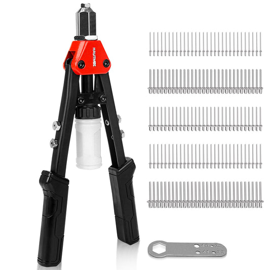 HAUTMEC 5-in-1 Rivet Gun with 150Pcs Rivets 13" Pop Rivet Tool with Portable Wrench and Rivets Collecting Bottle Heavy Duty Hand Riveter for Metal, Aluminum, Steel HT0435-HR
