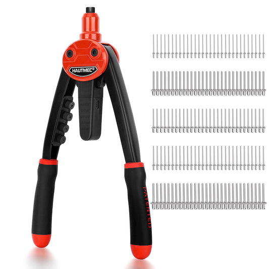 HAUTMEC 13" Rivet Gun with 150Pcs Rivets and Automatic Rebound Labor-Saving Design Heavy Duty Hand Riveter Tools for Metal, Aluminum, Steel HT0437-HR