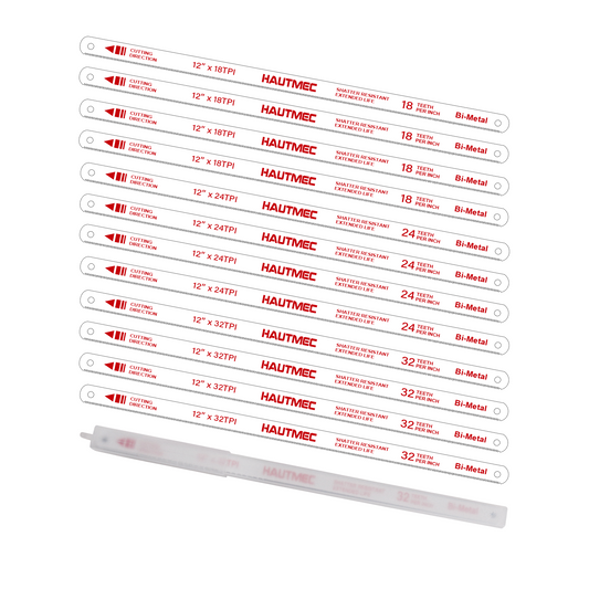 HAUTMEC 12" Hacksaw Blades Set 18 & 24 & 32 TPI – 12 Piece Bi-Metal Replacement Blades Set with High-Speed Steel Teeth and Spring Steel Body, Professional Grade, Fits Most Hacksaw Frames, HT0441