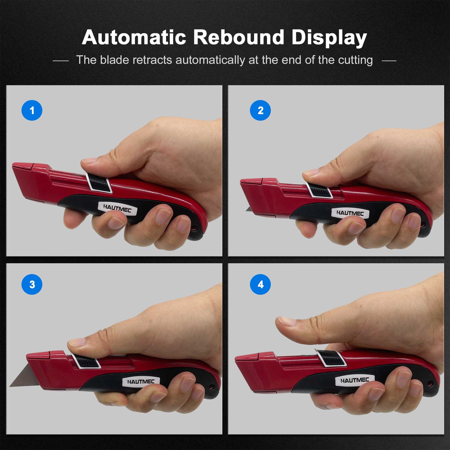 HAUTMEC High Safety Utility Knife With Double Self-Retraction Mechnism, Automatic Blade Retraction After Cuts & Self-retraction by Release Push Button, Self-retracting Box Cutter HT0195-KN