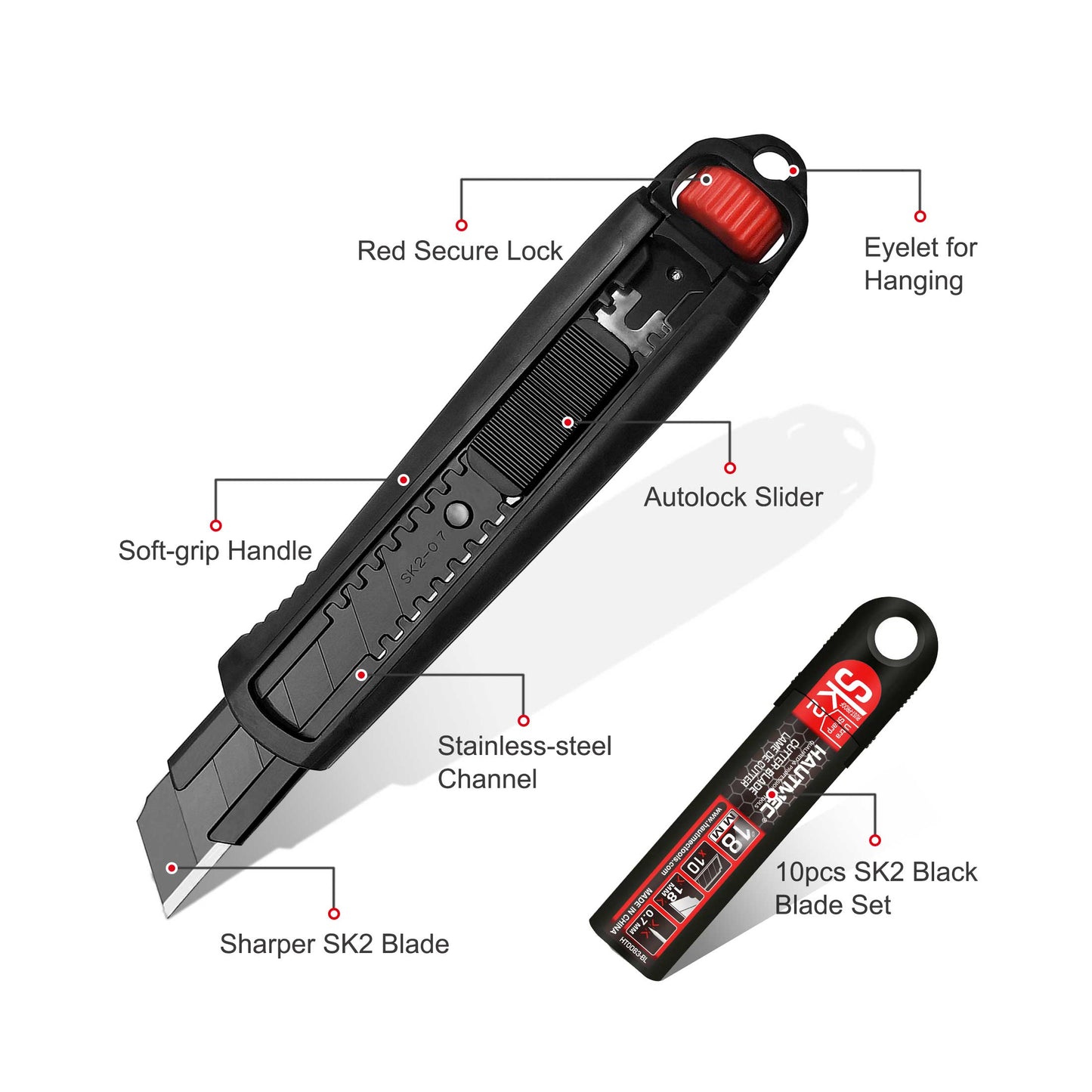 HAUTMEC Professional Safety 18mm Heavy-Duty Utility Knife with Red Secure Knob and 10pc Blade Set HT0153-KN