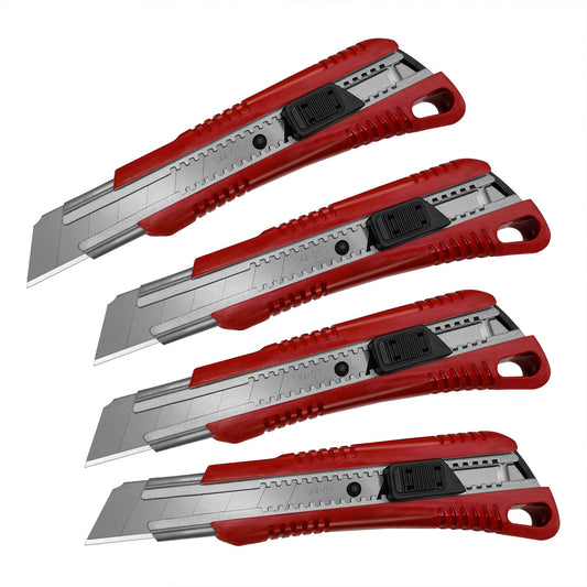 HAUTMEC 4PCS 25mm Extra Heavy-Duty SK4 Utility Knife, 3pcs blade Snap-off Retractable Box Cutter, Auto-lock Mechanism, Blade Storage Design HT0080-4PC