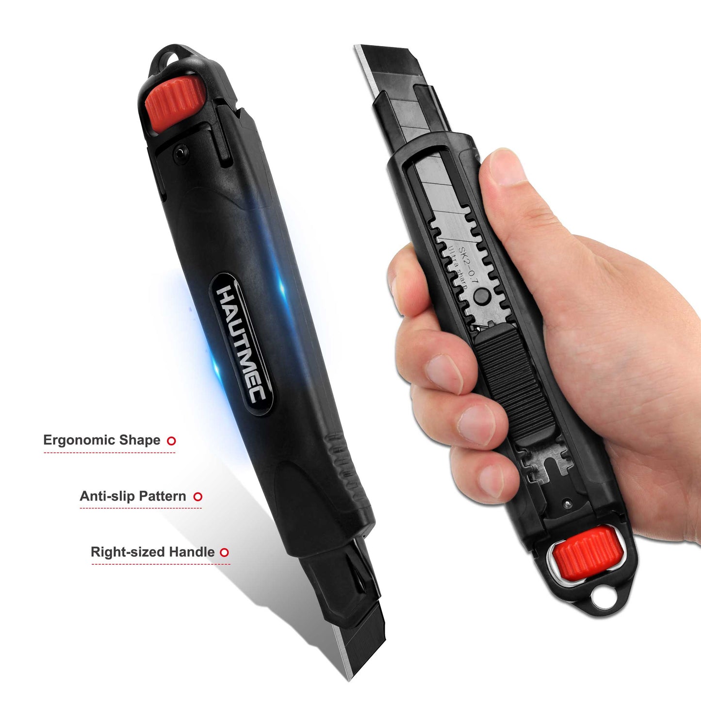 HAUTMEC Professional Safety 18mm Heavy-Duty Utility Knife with Red Secure Knob and 10pc Blade Set HT0153-KN