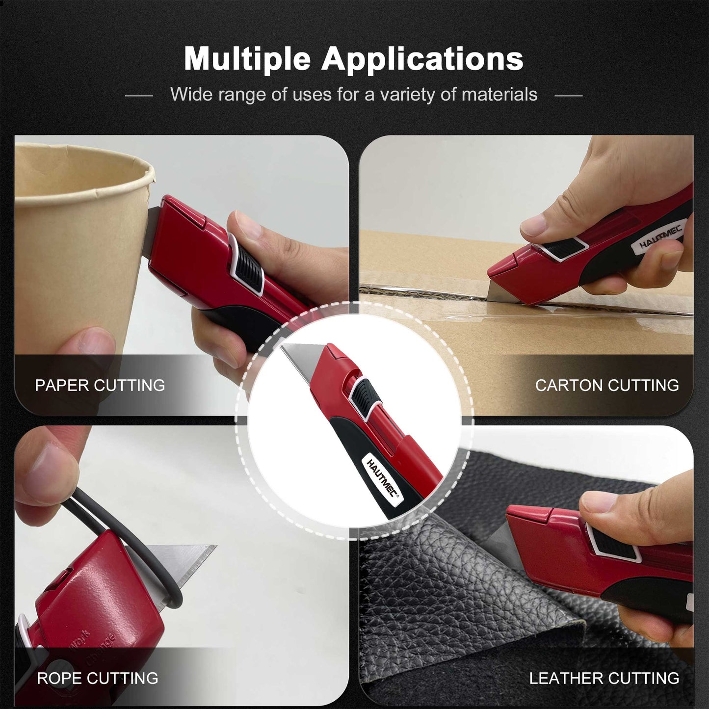 HAUTMEC High Safety Utility Knife With Double Self-Retraction Mechnism, Automatic Blade Retraction After Cuts & Self-retraction by Release Push Button, Self-retracting Box Cutter HT0195-KN