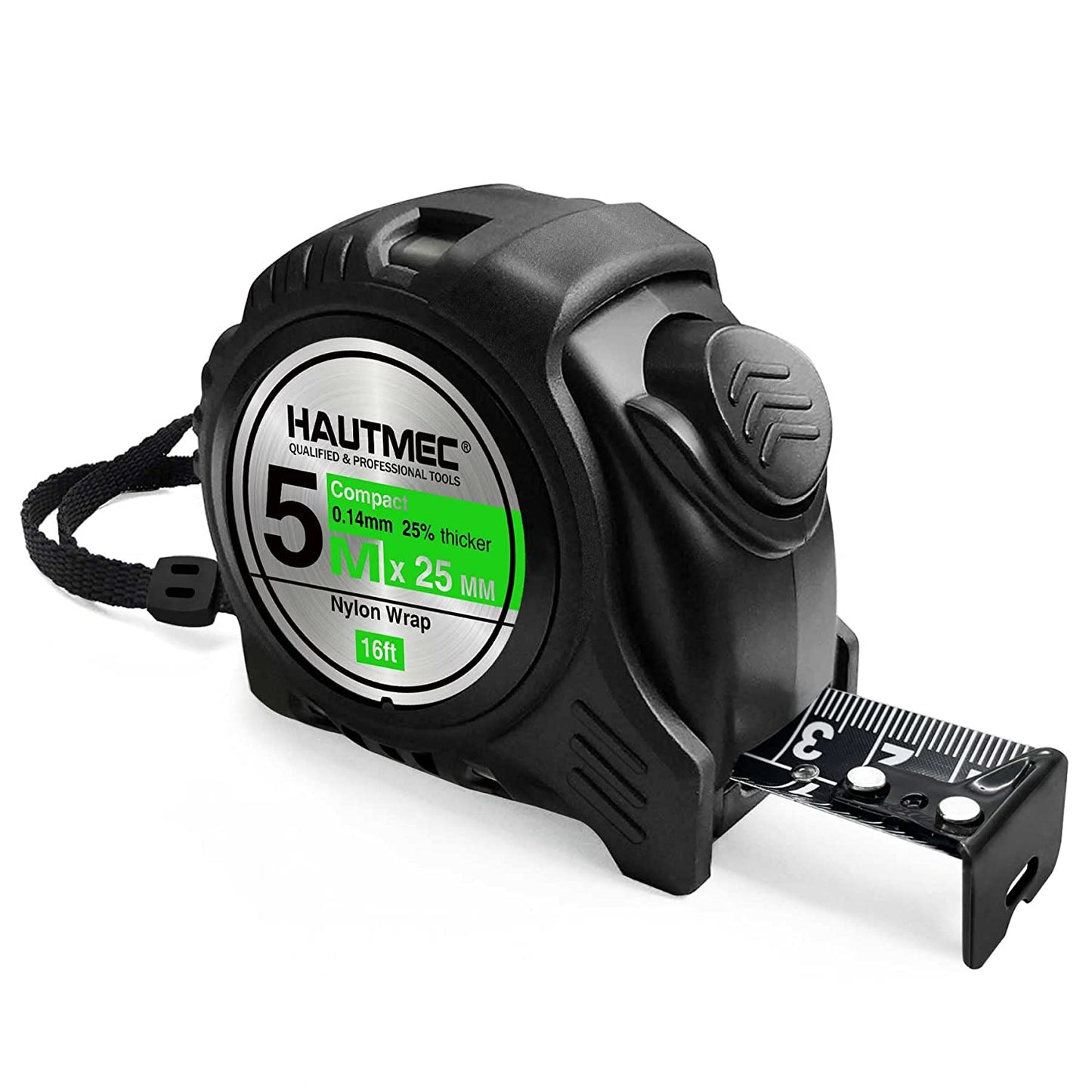 HAUTMEC 16 Ft (5m) Heavy Duty AutoLock Black Tape Measure, Self-Lock, 1" Wide Black Rigid Blade, Dual Sided Rule Print, HT0100-TM