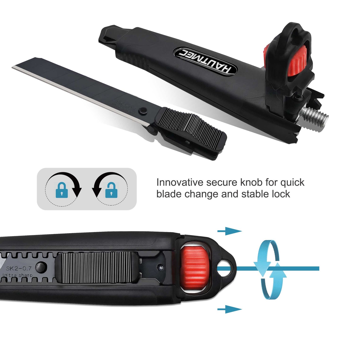 HAUTMEC Professional Safety 18mm Heavy-Duty Utility Knife with Red Secure Knob and 10pc Blade Set HT0153-KN