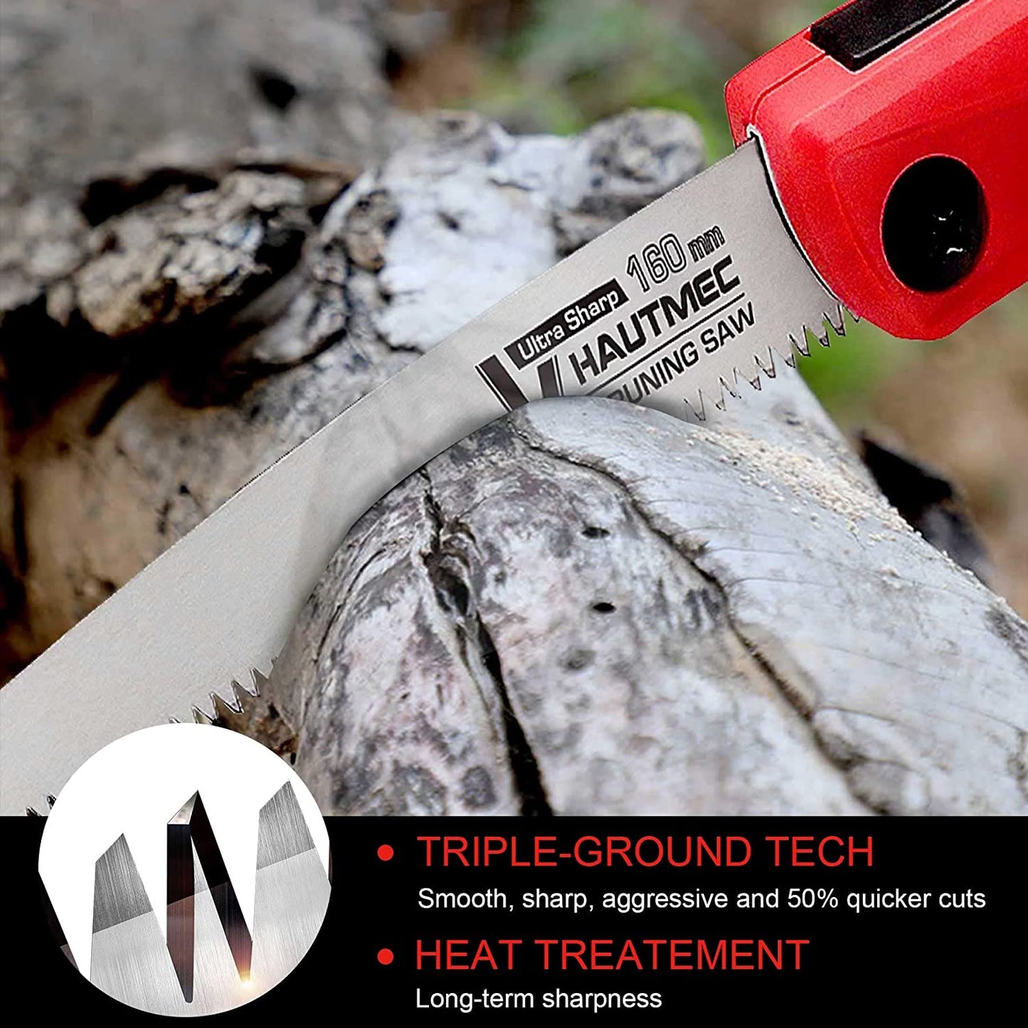 HAUTMEC 6 inch Folding Saw, Heavy Duty Single-Hand Ergonomic Hand Saw, Curved Razor Tooth Sharp Blade for Wood, Camping, Tree Trimming, Dry Wood, Pruning HT0134-PS