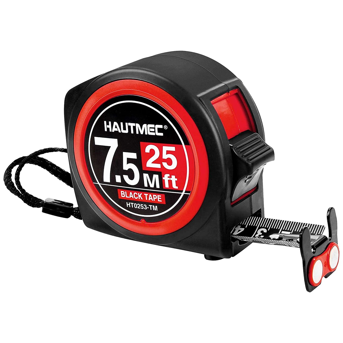 HAUTMEC Measuring Tape 25Ft-Double Side Metric and Inches Black Tape, Retractable Tape Measure with Double Stop Buttons,Magnetic Hook and Compact Case for Construction, Carpenter, Architect HT0253-TM