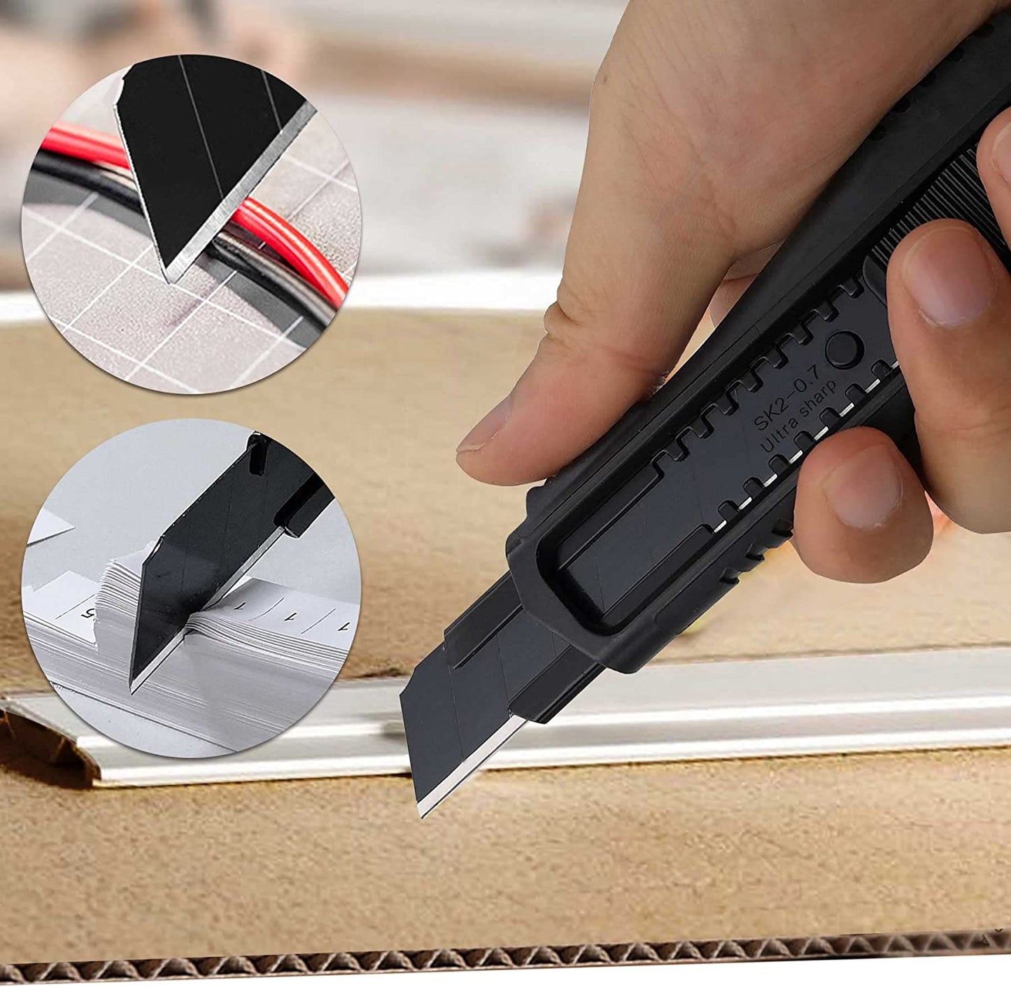 HAUTMEC 40PCS 18mm Triple Cutting-edge Snap Off Blades, Retractable Black Replacement Blades, SK2 Heavy Duty Blades, Strengthened Safety Box, for Box, Carpet, Rope HT0083-40PC