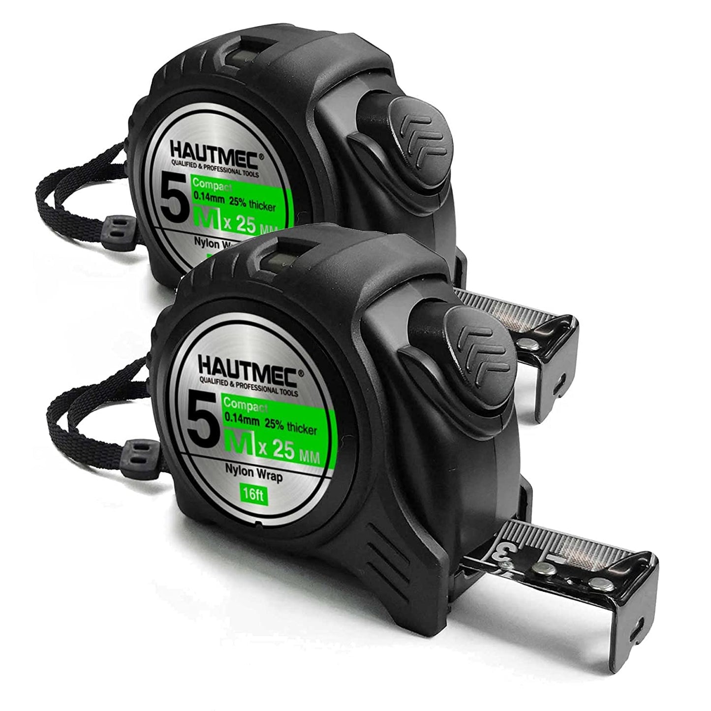 HAUTMEC 16 Ft (5m) Heavy Duty AutoLock Black Tape Measure, Self-Lock, 1" Wide Black Rigid Blade, Dual Sided Rule Print 2 Pack, HT0100-2PC