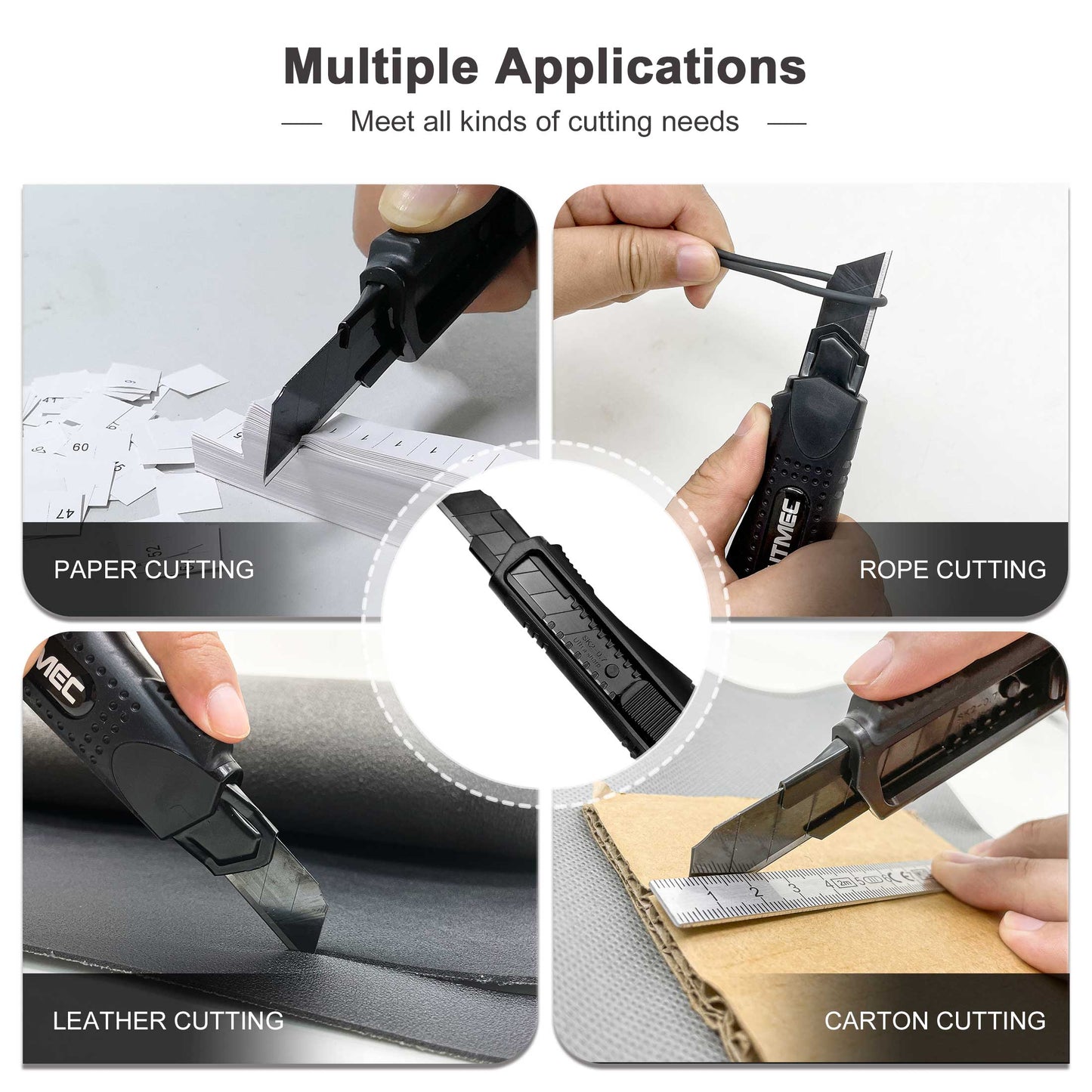 HAUTMEC 2PCS 18mm Utility Knife Box Cutter with Safety Quick Change Button, Snap off Black SK2 Ultra Sharp Blade, Anti-Slip Ergonomic Rubber Handle for Leather, Rubber, Cartons, Boxes HT0081-2PC