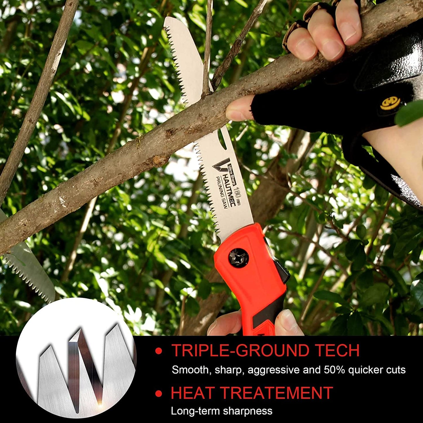 HAUTMEC 7 inch Folding Saw, SK-5 Steel and Triple-ground Teeth, Heavy Duty Single-Hand Blade Hand Saw for Wood Camping, Dry Wood Pruning Saw, for Garden Camping, Hunting and Bushcraft HT0135-PS