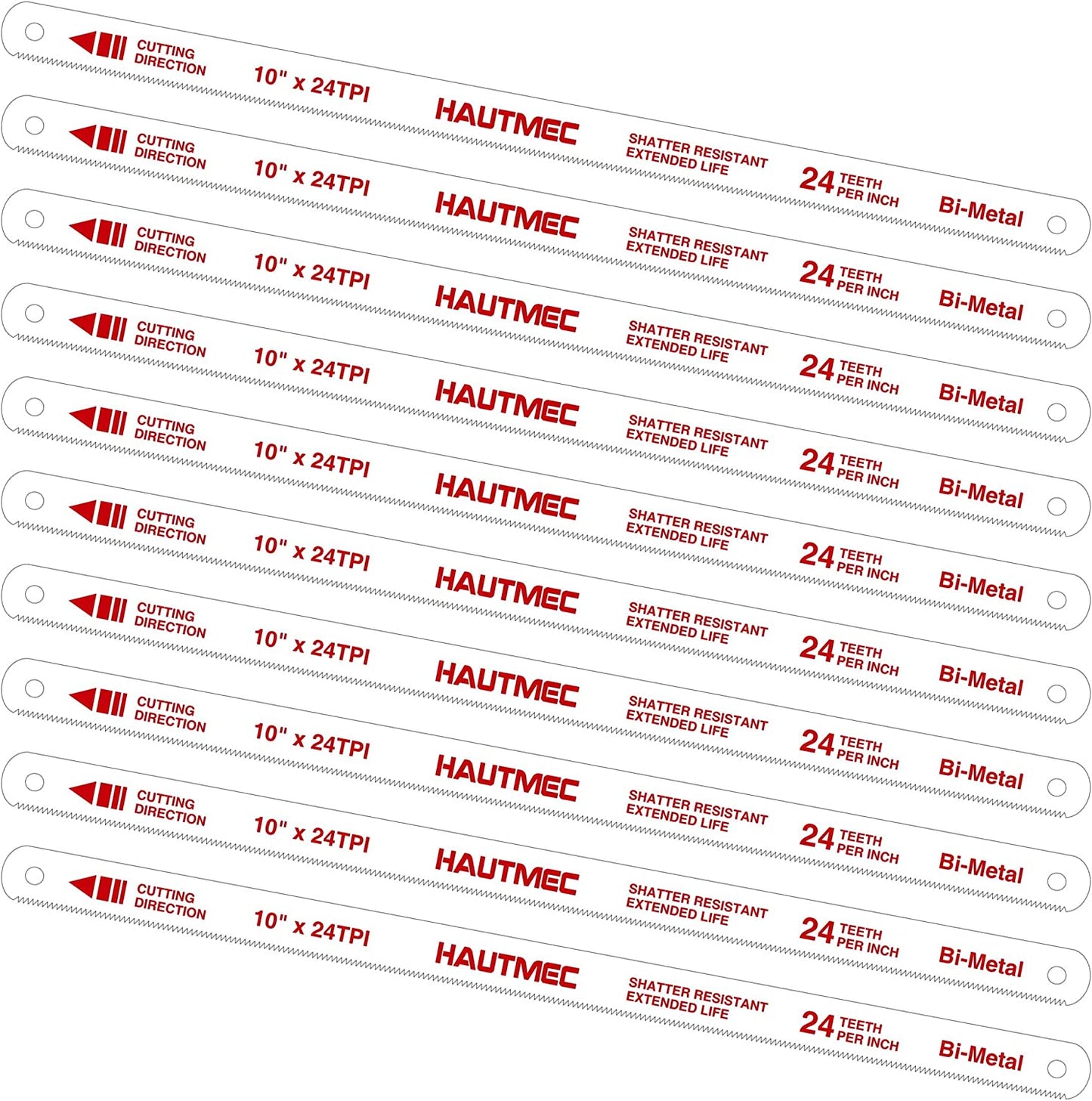 HAUTMEC 10" Hacksaw Blades Replacement Bi-Metal(10 Pack) 24 TPI High Speed Steel Grounded Teeth HT0120-CT