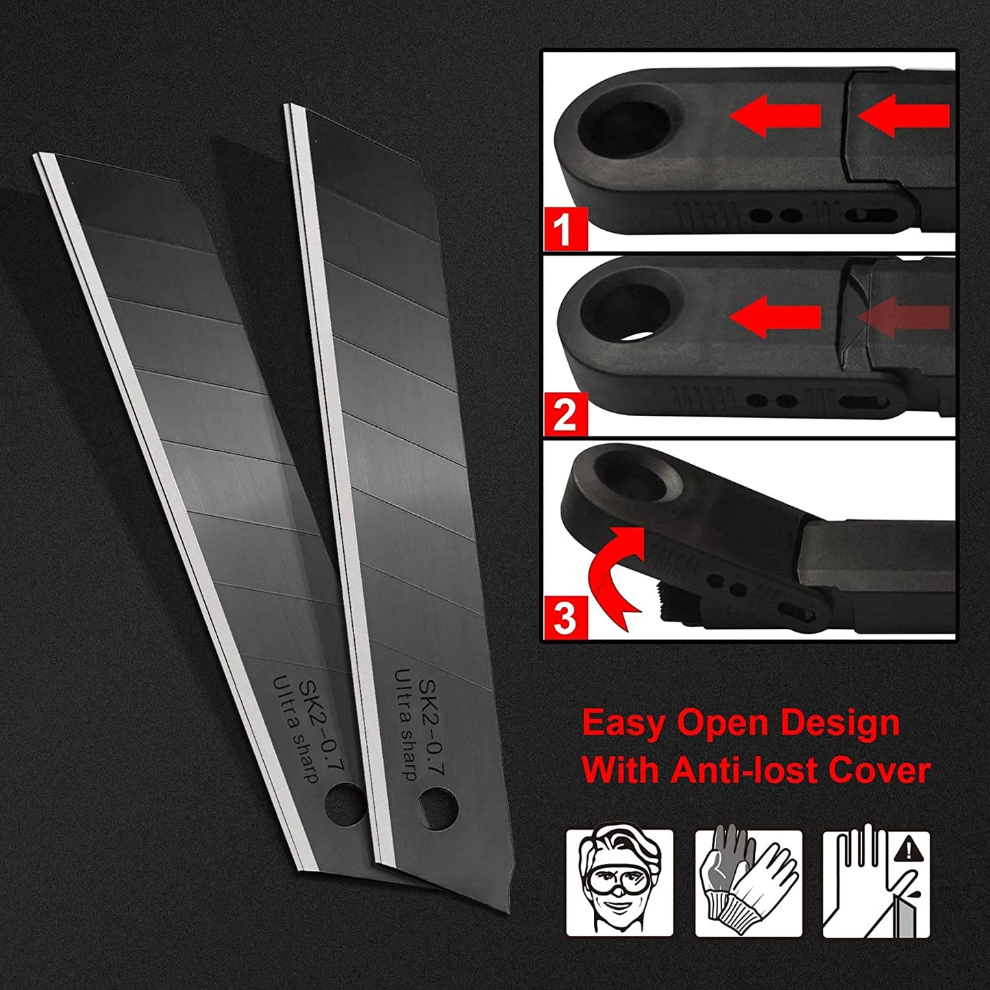 HAUTMEC 40PCS 18mm Triple Cutting-edge Snap Off Blades, Retractable Black Replacement Blades, SK2 Heavy Duty Blades, Strengthened Safety Box, for Box, Carpet, Rope HT0083-40PC