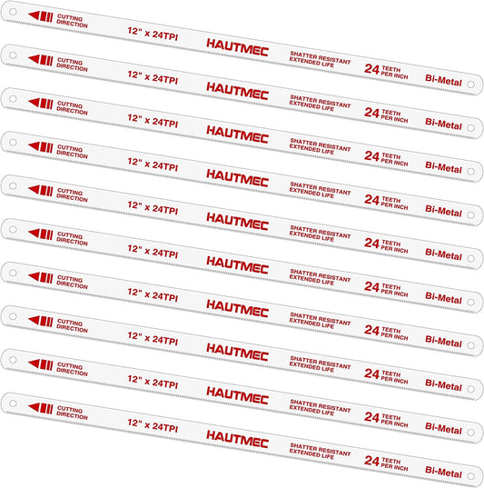 HAUTMEC 12" Hacksaw Blades Replacement Bi-Metal(10 Pack) 24 TPI High Speed Steel Grounded Teeth HT0017-CT