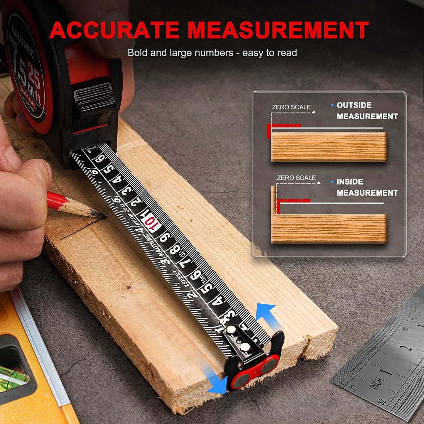 HAUTMEC Measuring Tape 25Ft-Double Side Metric and Inches Black