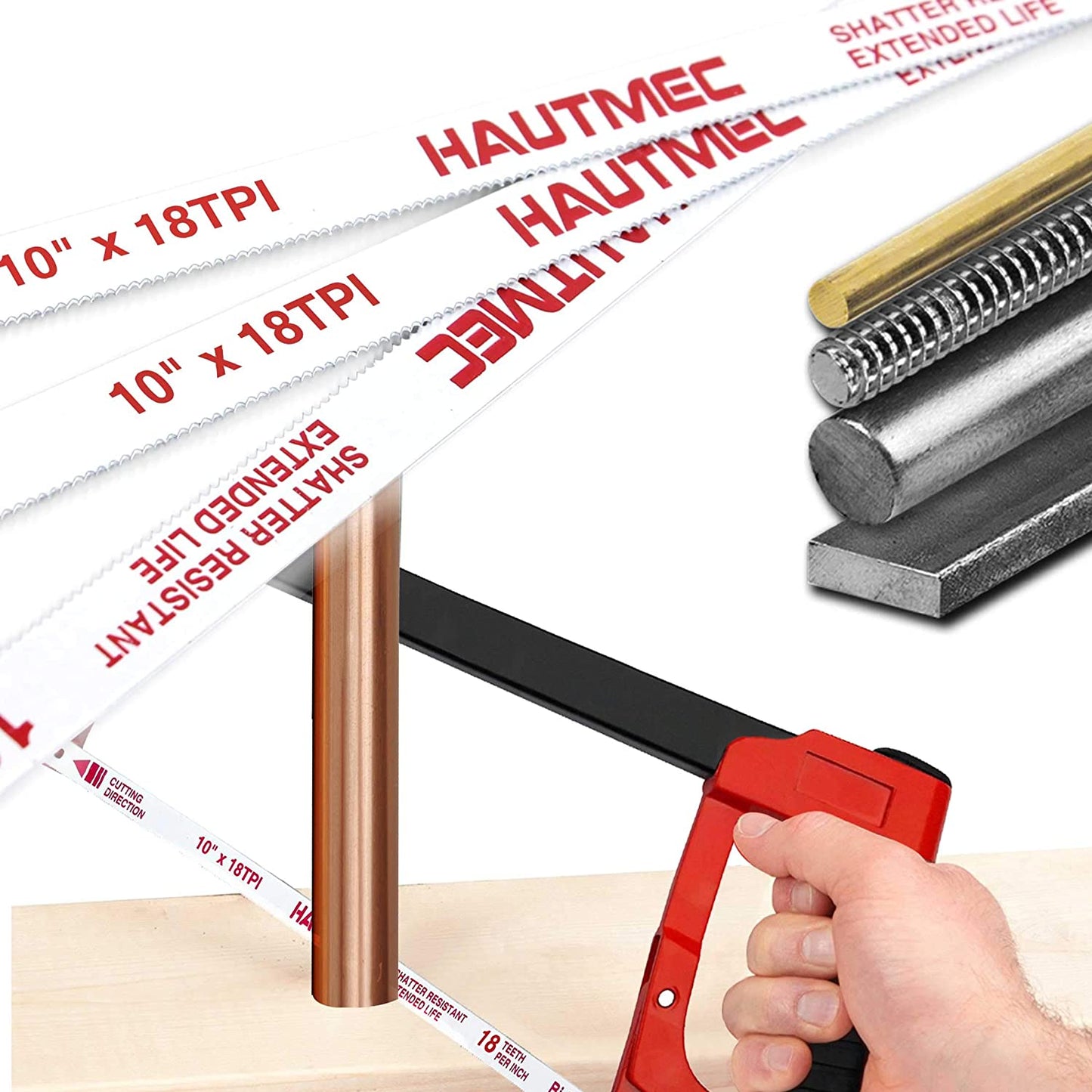 HAUTMEC 10" Hacksaw Blades Replacement Bi-Metal(10 Pack) 18 TPI High Speed Steel Grounded Teeth HT0119-CT