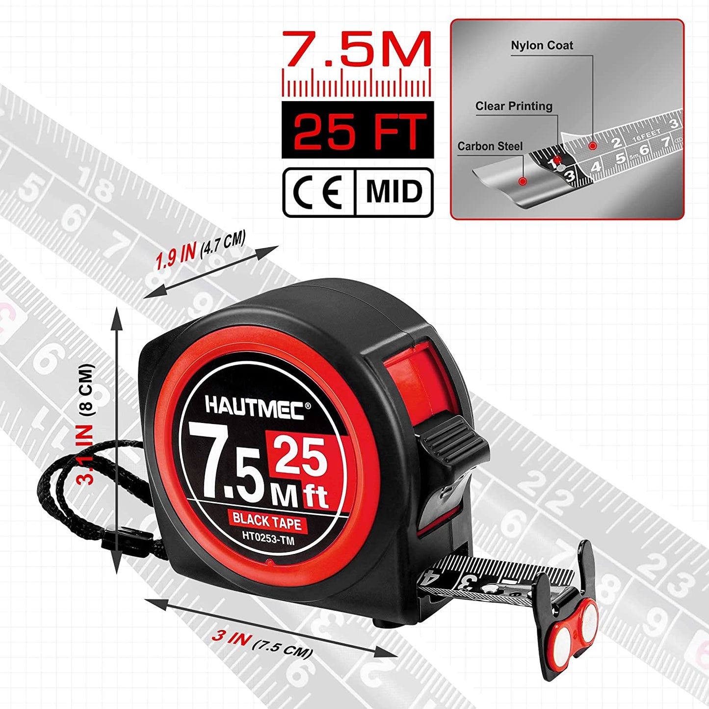 HAUTMEC Measuring Tape 25Ft-Double Side Metric and Inches Black Tape, Retractable Tape Measure with Double Stop Buttons,Magnetic Hook and Compact Case for Construction, Carpenter, Architect HT0253-TM