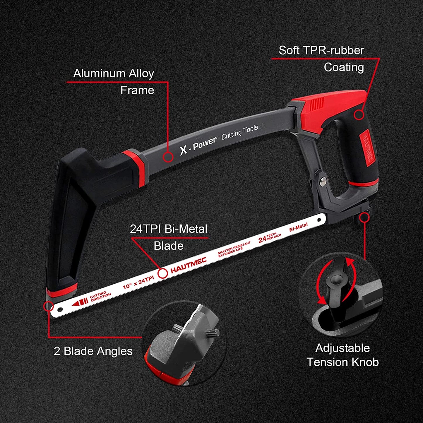 HAUTMEC 12 Inch X-Power High-Tension Hacksaw Frame, Adjustable 55°/90°Heavy Duty Aluminum Structure，Soft Non-slip Grip, 24 TPI Bi-Metal Blade for Metal, Wood, PVC Pipes HT0146-HS