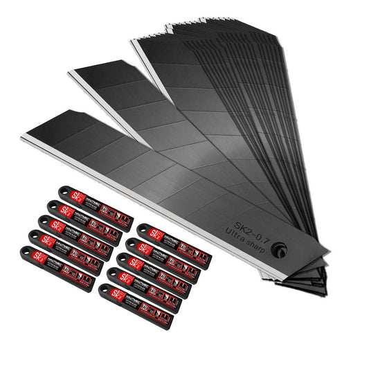 HAUTMEC 100PCS 18mm Triple Cutting-edge Snap Off Blades, Retractable Black Replacement Blades, SK2 Heavy Duty Utility Knife Blades, Strengthened Safety Box, for Box, Carpet, Rope HT0083-100PC