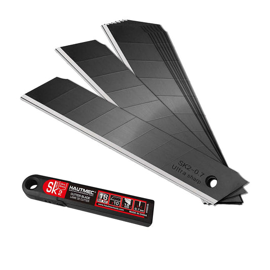 HAUTMEC 10PCS 18mm Triple Cutting-edge Snap Off Blades, Retractable Black Replacement Blades, SK2 Heavy Duty Utility Knife Blades, Strengthened Safety Box, for Box, Carpet, Rope HT0083-BL