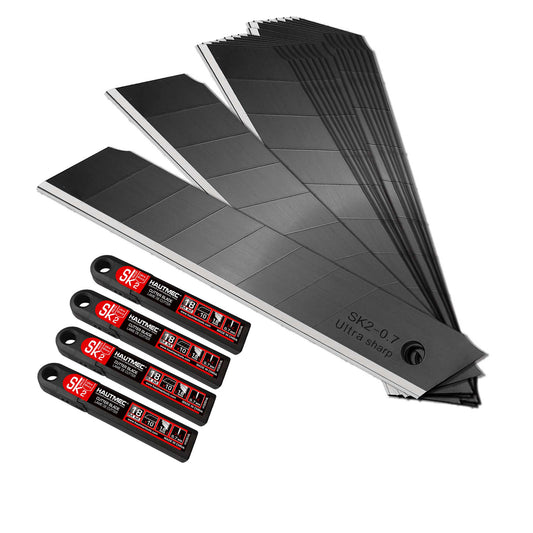 HAUTMEC 40PCS 18mm Triple Cutting-edge Snap Off Blades, Retractable Black Replacement Blades, SK2 Heavy Duty Blades, Strengthened Safety Box, for Box, Carpet, Rope HT0083-40PC